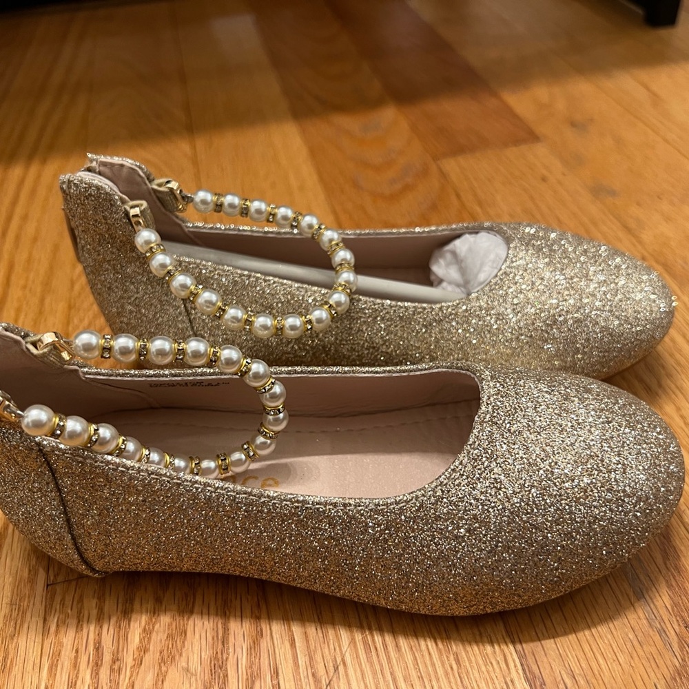 Gold Glitter ballet style Flats with Pearl Ankle Strap shoes